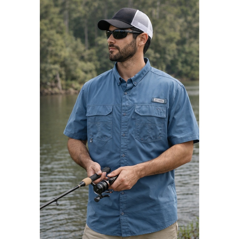 Columbia PFG Blood N Guts Fishing Shirt‎ Mens XXL Blue Short Sleeve Omni-Shield